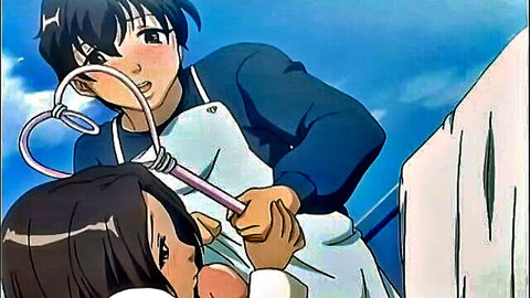 Anime boy teases busty brunette girl's open mouth with pink whisk in laundry room