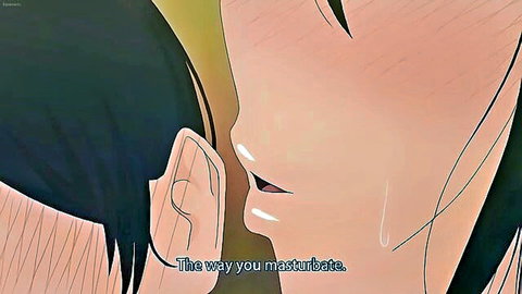 Hentai anime girl whispering 'The way you masturbate' seductively into guy's ear close-up