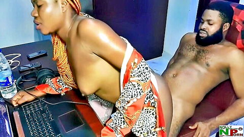 Krissyjoh ebony babe rides huge black cock while editing amateur porn video