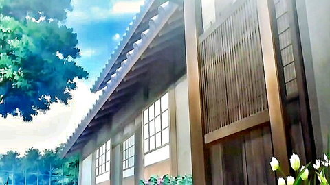 Anime hentai scene of traditional Japanese house with garden view