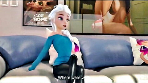 Sexy Elsa cosplay in off-shoulder top and leather pants, seductive pose, hentai style