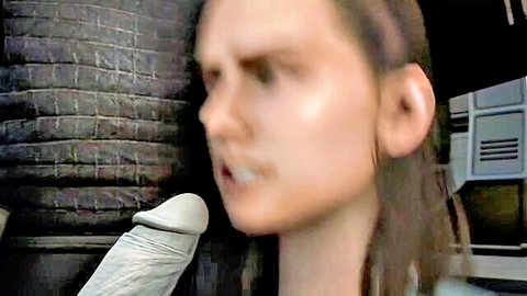 Blonde babe with huge veiny white cock pressed against her open mouth ready to suck