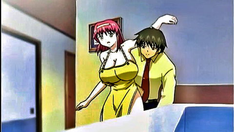Pink-haired anime babe with massive tits in yellow dress grabbed from behind by green-haired guy