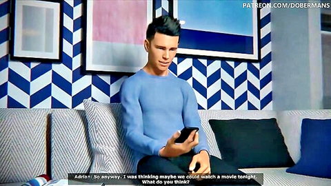 Handsome young man in blue sweater sits on couch holding phone while chatting about watching a movie
