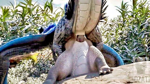 Blue fantasy dragon exposing pink wet pussy from behind outdoors in hentai scene