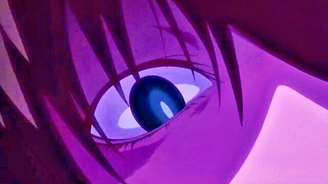Mesmerizing close-up of glowing blue anime eye framed by purple hair in hentai style