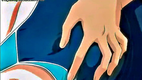 Hentai redhead babe's crotch teased by spreading hand fingers in blue skirt