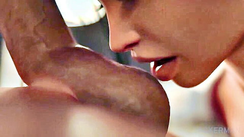 Seductive brunette's plump parted lips beside muscular black arm gripping her neck in intimate tease