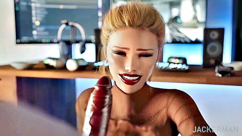 3D hentai blonde babe with red lips sucking large dildo