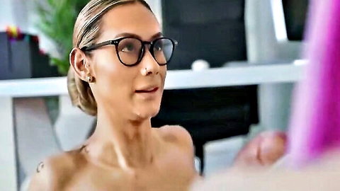 Stacy Cruz topless in glasses, Veronica Leal futa office surprise tease