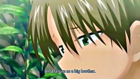 Sad anime brother with green eyes in hentai scene, introspective expression