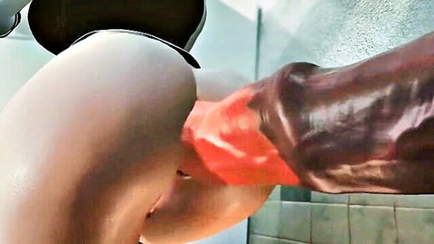Hentai girl bent over car seat taking massive red dildo penetration