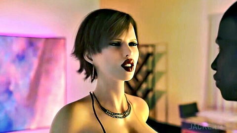 Busty short-haired hentai woman with big tits seducing black man, Jackerman animation