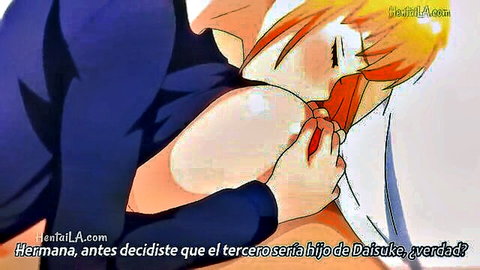 Blonde hentai girl in blue dress intimately embracing man, softcore anime scene