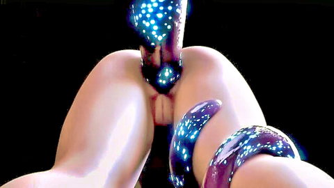 Hentai tentacle penetration scene with glowing blue tentacles on curvy ass
