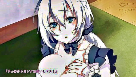 Blushing anime maid with large breasts cupping her chest in hentai scene