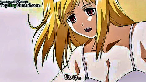 Blonde hentai teen with massive tits in white bra, surprised expression