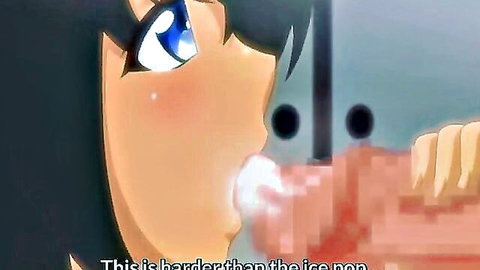 Anime hentai girl with black hair gives intense blowjob, cum on lips