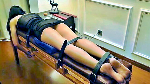 Chinese babe bound and blindfolded in black dress for BDSM spanking