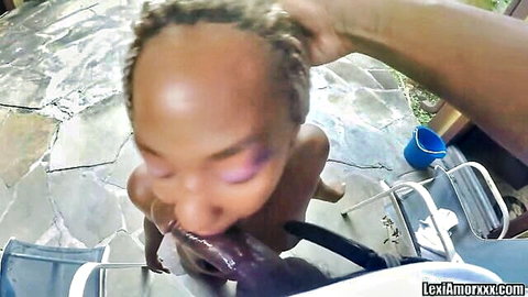 Lexi Amor ebony POV blowjob in backyard, sloppy oral action