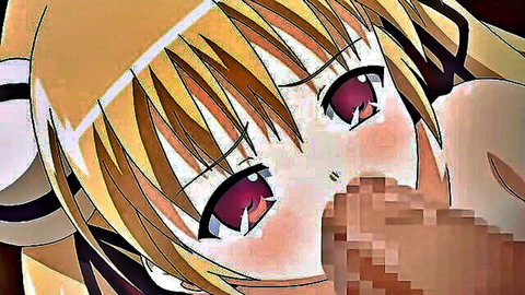 Blonde anime girl with red eyes in censored oral sex scene from hentai video