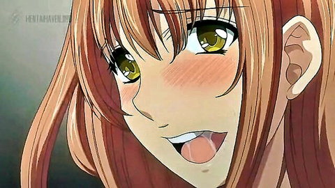 Blushing anime girl with orange hair and green eyes sticking out tongue in ecstasy, hentai thumbnail