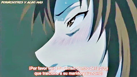 Hentai anime girl with long brown hair, flushed cheeks, begging for creampie after cheating on husband and boyfriend