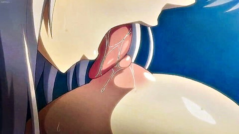 Hentai anime girl with long white hair and huge breasts in explicit titjob oral scene