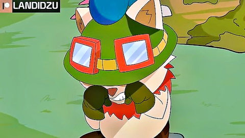 Cute anime hentai fox girl with white fur wearing green goggles hat black gloves posing excitedly outdoors