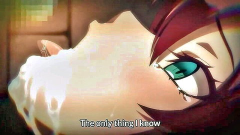 Hentai redhead anime girl with green eyes dripping thick cum from mouth