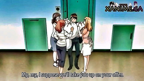 Redhead anime babe and busty schoolgirls surrounding guy in locker room tease