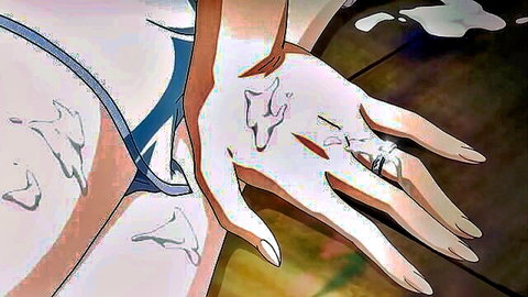 Anime hentai girl's hand covered in thick sticky cum with diamond ring