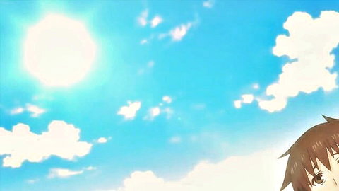 Cute brown-haired anime girl peeking at sunny blue sky in hentai scene