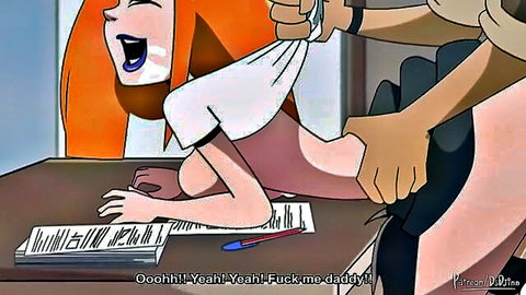 Orange-haired hentai girl bent over desk, fucked from behind by daddy in school uniform