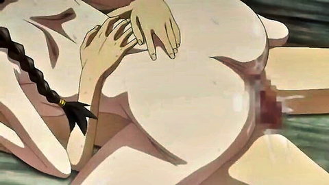 Hentai girl with black braids nude, large tits and ass, creampied from behind