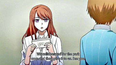 Red-haired anime girl in blouse holding letter to blond guy hentai scene