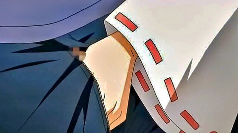 Hentai anime girl in white robe with red stripes, hand teasing crotch, censored view