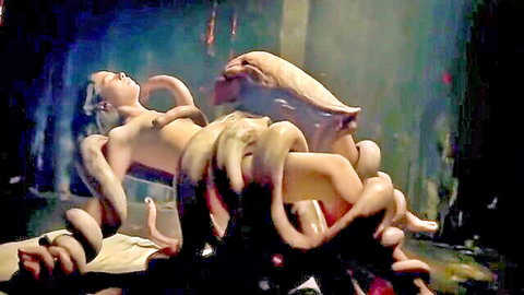 Nude hentai girl entangled in alien octopus tentacles in erotic scene