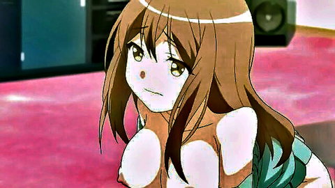 Hentai anime girl with big breasts exposed in green dress, surprised look
