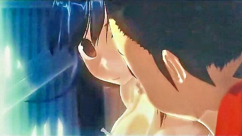 Blue-haired anime girl gazing intimately at boy in hentai scene from Takarasagashi No Natsuyasumi 2