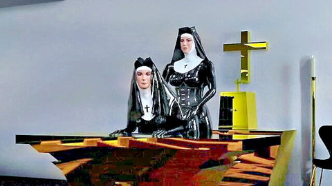 Two latex rubber nuns in seductive poses, hentai style futa fetish scene