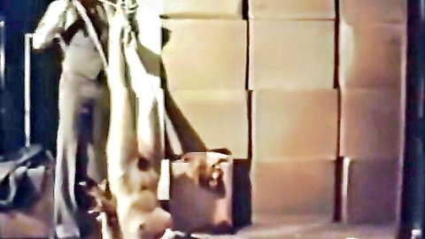 Vintage 1973 BDSM bondage with naked slave girl hanging upside down