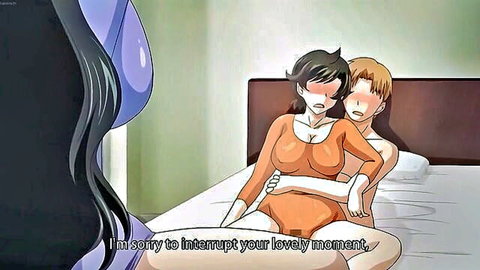 Busty anime woman interrupts couple's intimate hentai moment on bed