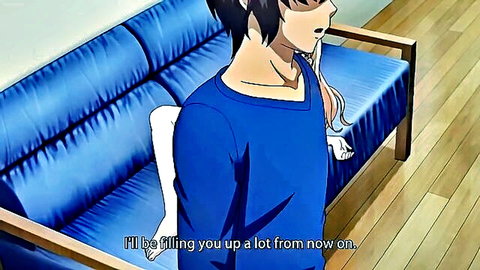Hentai anime couple intimate moment on couch, guy standing over girl