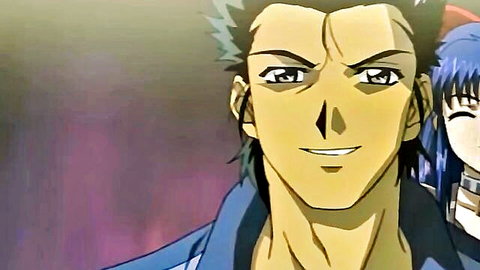 Hentai anime couple: green-haired guy smiling with blue-haired girl behind