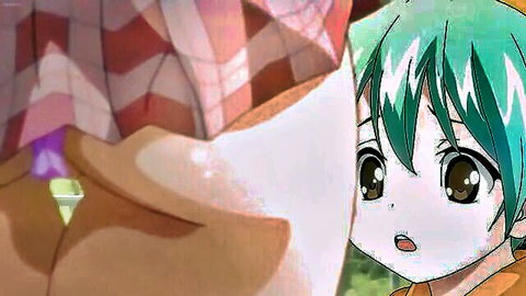 Teal-haired anime girl peeking surprised in hentai scene, Cherry & Gals 2