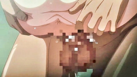 Hentai anime slut with big tits spreading legs, censored pussy insertion