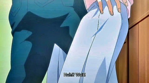 Hentai anime girl in white pants surprised by guy's hand from behind