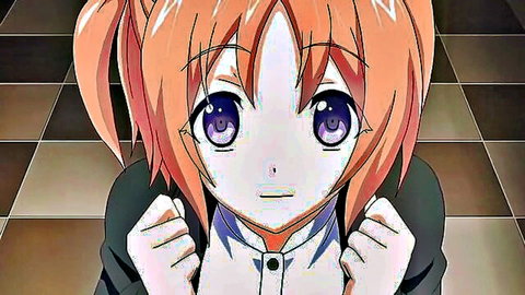 Anime schoolgirl with orange hair and purple eyes in uniform, hentai close-up