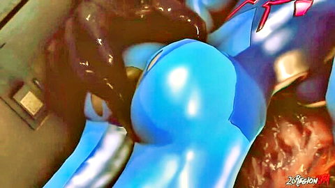 Samus Aran in tight blue Zero Suit, explicit hentai pose from Metroid remake